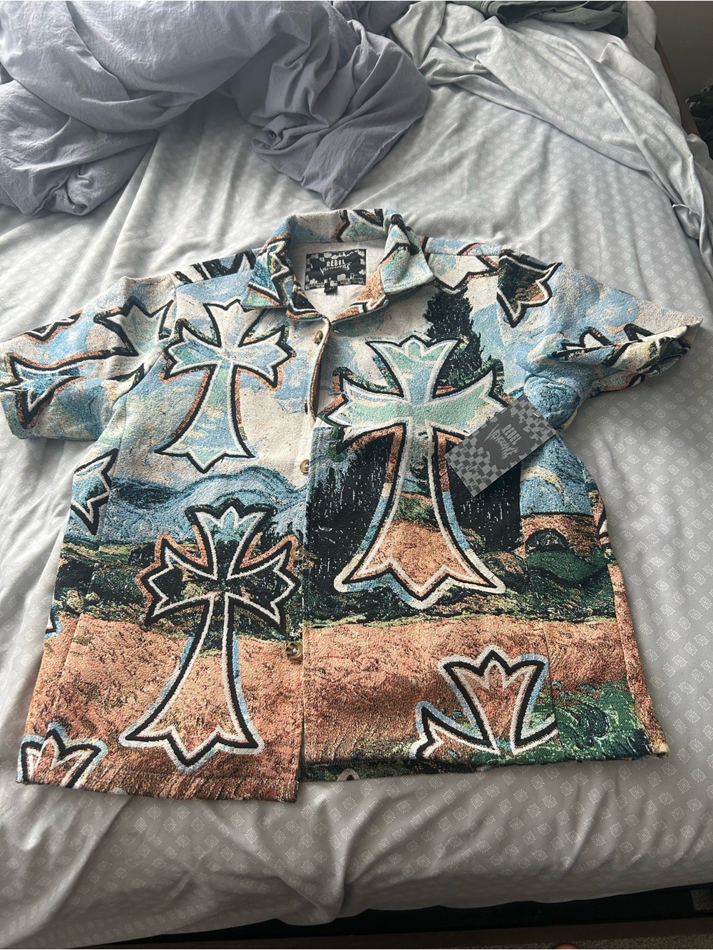 rebels Multicolor Woven Short Sleeve Shirt with Star and Cross Motifs